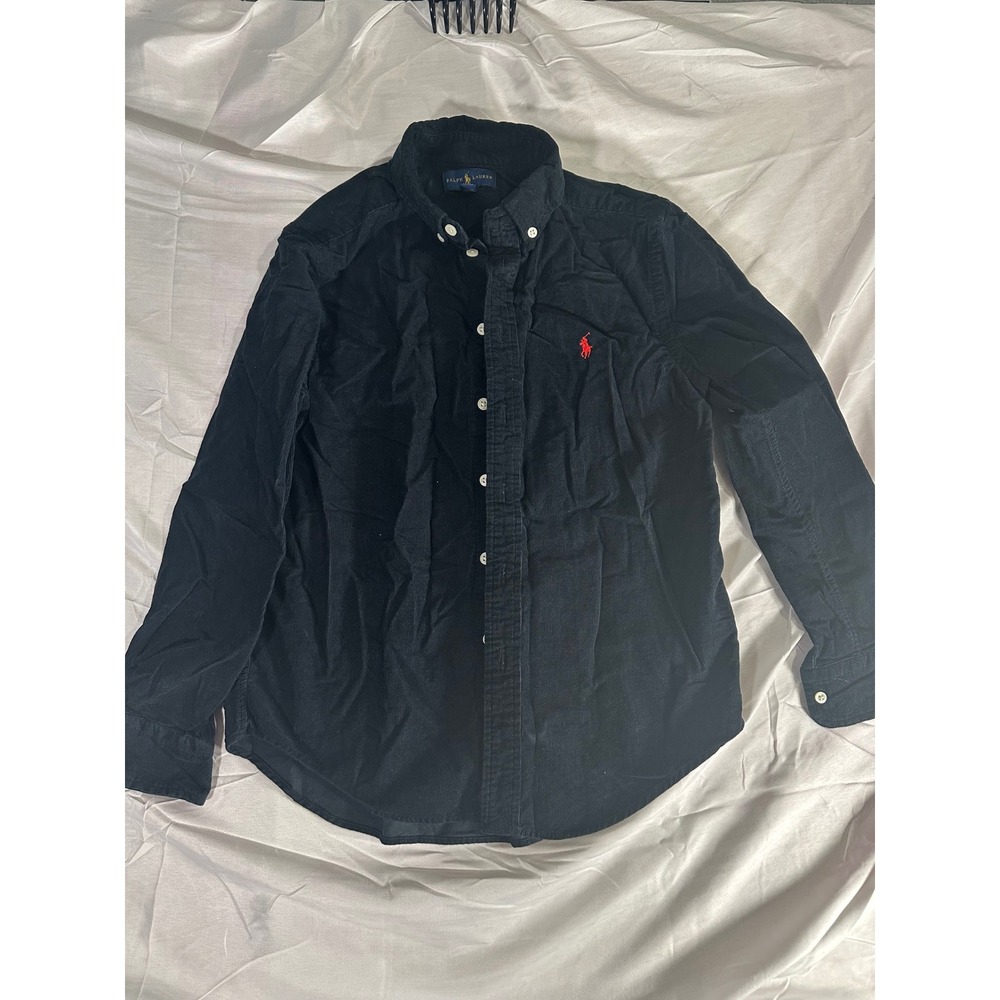 Ralph Lauren Boys Navy Blue Corduroy Button Down Shirt Size M 10-12 Red Pony